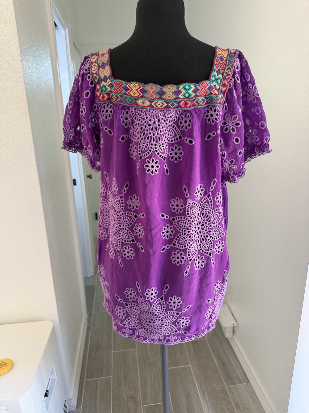 Johnny Was Purple Embroidered Peasant Blouse with Multicolor Trim small